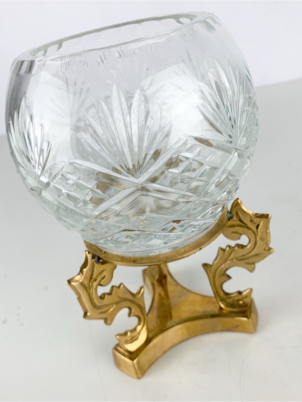 Vintage Cut Crystal Rose Bowl With Ornate Scroll Brass Stand Hollywood Regency